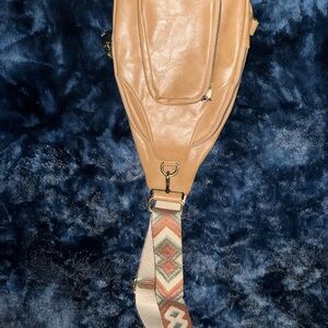 Tan Leather Crossbody Bag with Patterned Strap